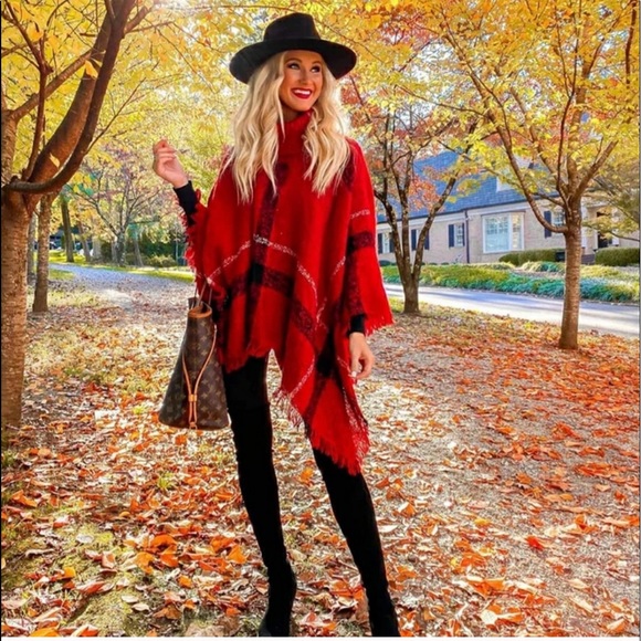 LAST 1 Mocha Plaid Stripe Turtleneck Poncho - Picture 2 of 8